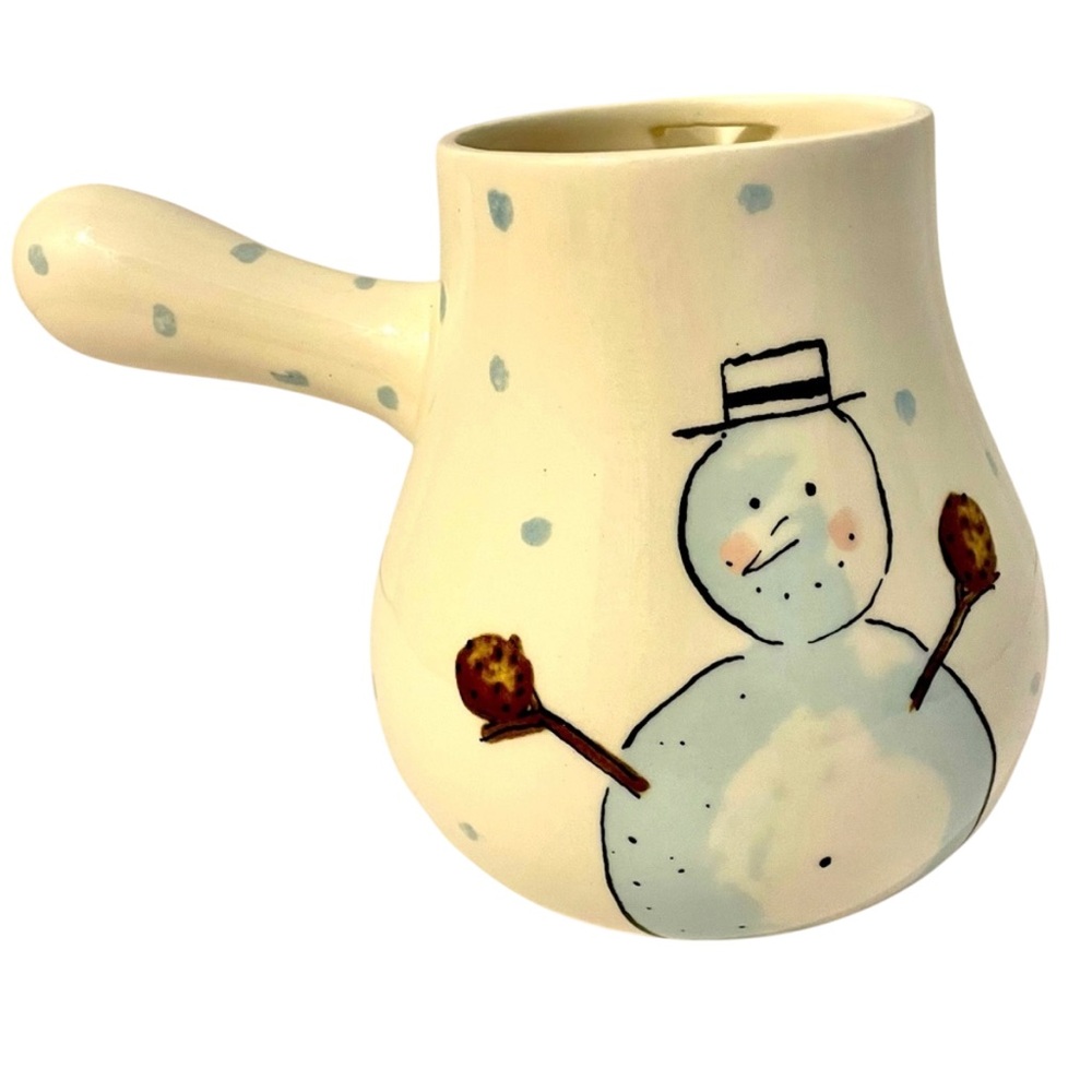 Rae Dunn Cocoa Pot Snowman Let it Snow White & Blue Spots 2018 Magenta 6.5” Tall